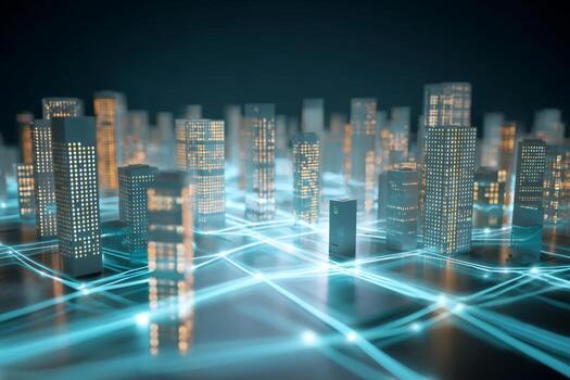 Tall buildings rise against a dark sky, showcasing illuminated windows. Glowing lines connect the structures, symbolizing advanced urban technology and networking in a vibrant city at night photo