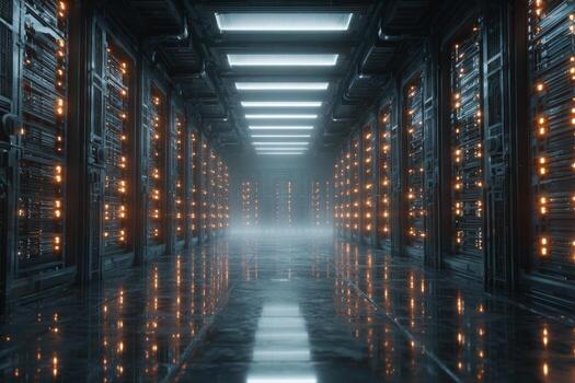 Rows of illuminated server racks form a high-tech environment in a dark corridor, showcasing the advanced technology and infrastructure of a modern data center photo