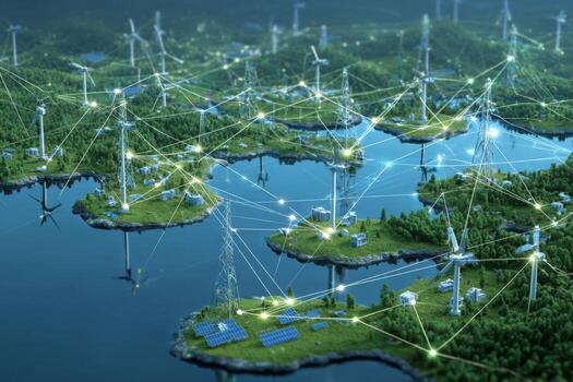 A network of islands showcases renewable energy sources like wind turbines and solar panels interconnected by advanced technology. This setup highlights sustainable energy solutions photo