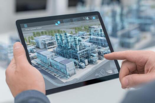 A person is using a tablet to interact with a 3D model of an advanced industrial plant in a contemporary workspace. This technology showcases the layout and design of the facility photo