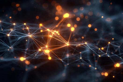 Glowing connected nodes create a vibrant network in a digital environment, representing advancements in technology and communication. The intricate design highlights connectivity photo