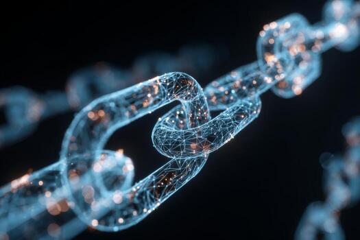 A close-up view showcases a stylized digital chain made of light and data, representing the concept of connectivity in technology and modern communications photo