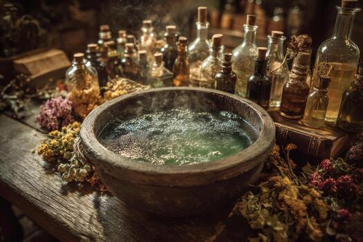 A steaming cauldron filled with vibrant liquid sits on a wooden table in an old workshop, with numerous glass bottles and dried herbs arranged around it, creating a magical atmosphere photo