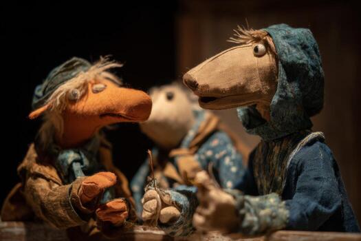 Puppets with distinct features interact animatedly, sharing stories in a warm, dimly lit indoor space. Their vibrant clothing adds charm to the captivating performance photo