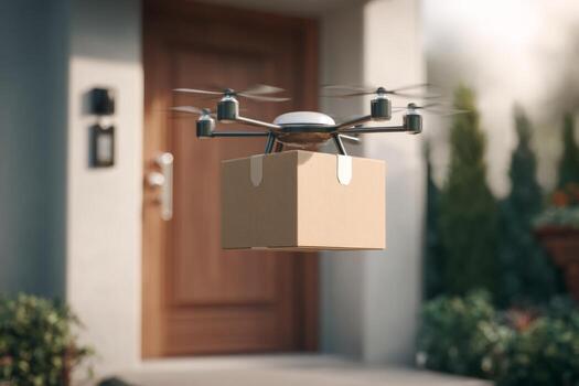 A drone hovers in front of a house, carrying a small cardboard package. Green plants surround the entrance, creating a welcoming atmosphere. This delivery method is efficient and modern photo