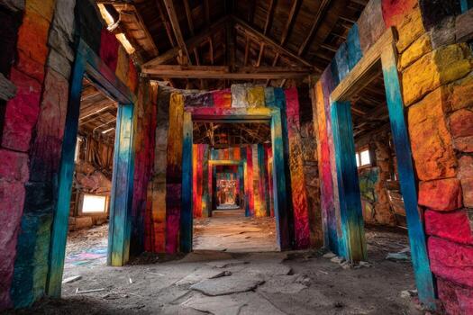 Brightly colored walls fill the interior of an abandoned structure, showcasing artistic murals while sunlight streams through broken windows, creating a lively yet desolate atmosphere photo