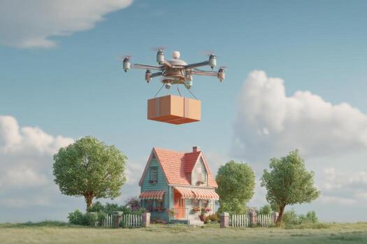 un zumbido equipado con un grande paquete flota encima un pintoresco casa anidado en un pacífico rural configuración, con vibrante verdor y mullido nubes rodeando el escena foto