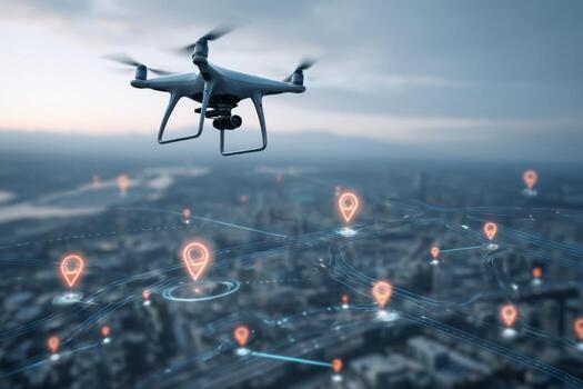 A drone hovers above a city, capturing aerial views as digital location markers appear across the urban landscape in the fading light of dusk, showcasing advanced technology photo