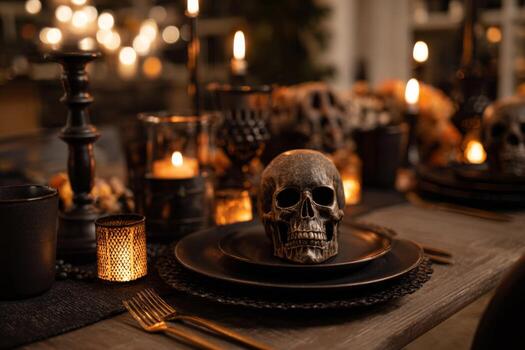 A Halloween dinner table set with a striking black skull as a centerpiece surrounded by flickering candles, dark plates, and autumn-themed decorations creating a spooky yet inviting atmosphere photo
