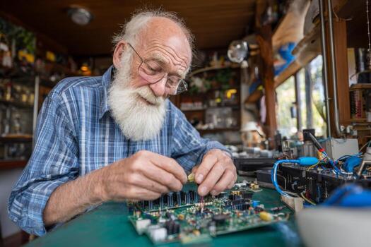 An elderly man with a white beard meticulously assembles a circuit board in a well-lit workshop. Tools and electronics surround him as he focuses on his craft photo