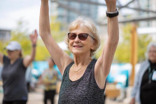 A group of older adults enjoy an active outdoor fitness class in a city park on a bright afternoon, focusing on stretching and movement while socializing photo