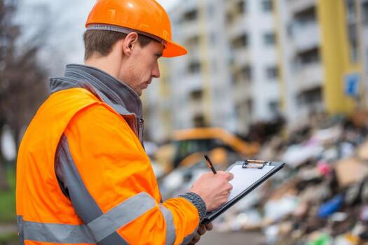 A construction worker wearing an orange safety vest and helmet is inspecting a site. He is holding a clipboard and taking notes while debris fills the background photo