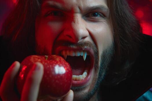 A young man displays fierce expression while holding a shiny red apple. His fangs suggest a playful vampire theme, enhanced by dramatic lighting creating an atmospheric effect photo