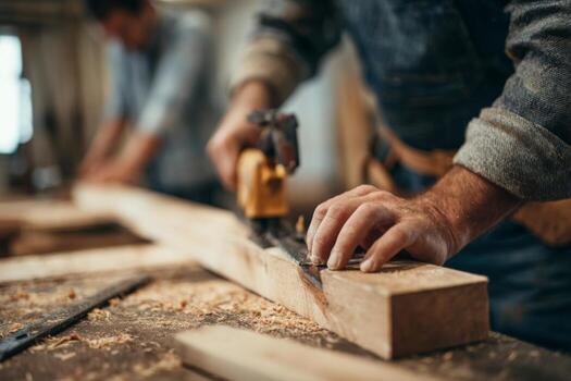 Two craftsmen focus on their woodworking projects in a well-lit workshop. One uses a saw on a wooden plank while shavings accumulate around them, showcasing dedication and skill photo