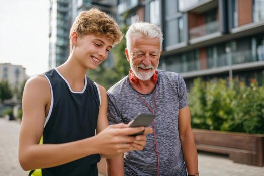 A young boy and an older man stand in a lively urban park, engaged in a cheerful conversation while looking at a mobile phone displaying an app together, with smiles on their faces photo