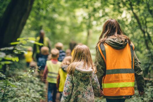 Children of various ages enjoy a nature walk in a lush forest, guided by adults. They wear colorful vests and are captivated by the vibrant surroundings as they learn about nature photo