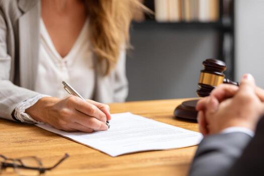 A woman in a gray blazer is signing a legal document at a wooden table in a law office. A man in a suit is attentively watching. The gavel is placed nearby, indicating a formal setting photo