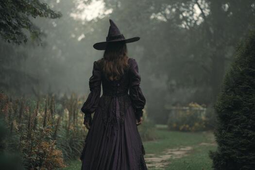 A mysterious figure dressed in a flowing purple gown and pointed hat strolls through a foggy garden at twilight. The atmosphere is ethereal with thick mist and vibrant greenery photo