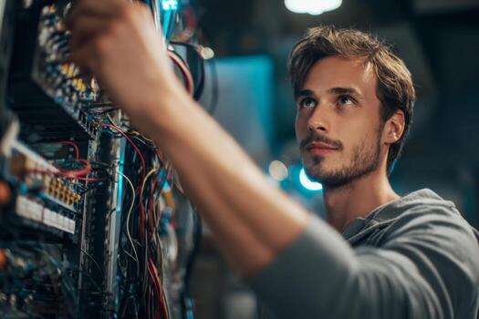 A young technician is focused on adjusting wires in an electrical panel. The setting is a dimly lit tech facility filled with equipment photo
