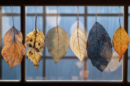 seco hojas de varios formas y colores colgar graciosamente en contra un brillante ventana, exhibiendo su detallado texturas y patrones iluminado por suave luz de sol en un calmante interior ambiente foto