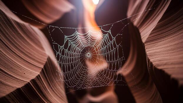 A spider web is seen in the middle of a canyon. photo