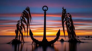An anchor and a boat are in the water at sunset photo
