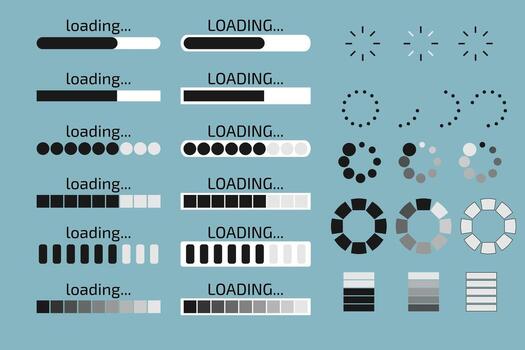 Set of Loading Progress Bars and Spinners. UI and UX Loading Indicators vector