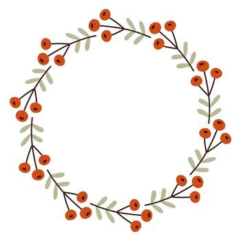 Autumn red berry circle frame. Round border made of fall berries. The berries have different shapes and are arranged in a circle. flat isolated on white background. vector