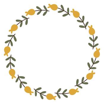 Autumn yellow berry circle frame. Round border made of fall berries. The berries have different shapes and are arranged in a circle. flat isolated on white background. vector