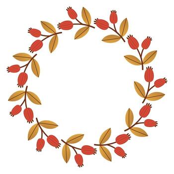 Autumn red berry with leaves circle frame. Round border made of fall berries. The berries have different shapes and are arranged in a circle. flat isolated on white background vector