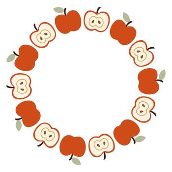 Autumn apple circle frame. Round border made of doodle hand drawn fall apples. The apples are arranged in a circle for stickers, banners, cards, ads. flat isolated on white background. vector