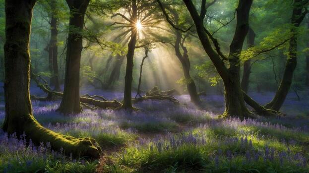 Serene forest with sunlight filtering through trees, illuminating a field of bluebells in spring photo