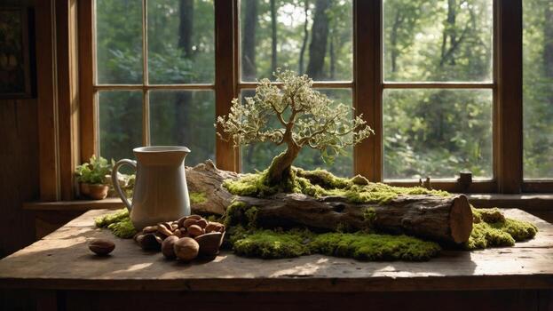 A serene still life featuring a miniature tree on a moss-covered log with a pitcher and nuts, set in a sunlit forest cabin photo