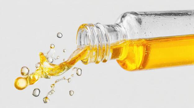 Pouring Golden Liquid From Glass Bottle With Splash Effect. Captures Dynamic Motion And Fluidity photo