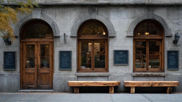 Facade Of A Rustic Bakery With Wooden Benches And Arched Windows. Inviting Atmosphere For A Cozy Cafe Experience photo