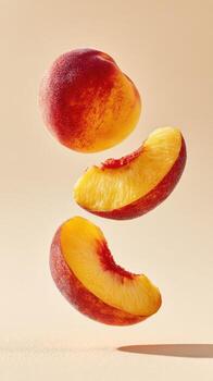 Peach And Slices Floating Against A Beige Background. Freshness And Summer Fruit Concept photo