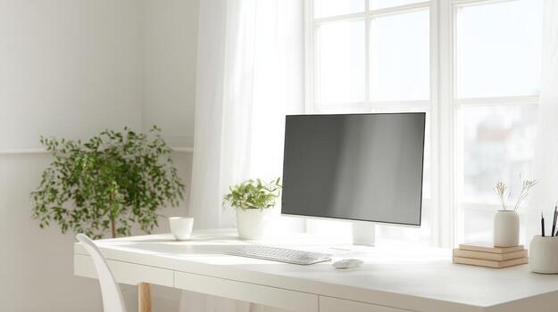 Modern Minimalist Home Office With Computer And Greenery. Bright Workspace Promoting Productivity And Tranquility photo