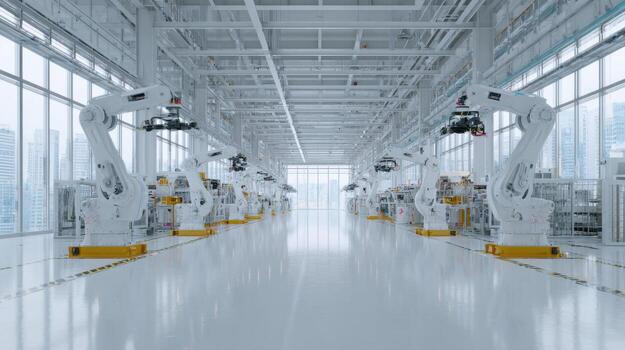 Robotic Arms In Modern Industrial Factory. Automation And Advanced Manufacturing Technology photo