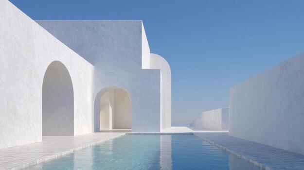 White Minimalist Architecture With Pool Under Clear Blue Sky. Modern Design And Tranquility photo