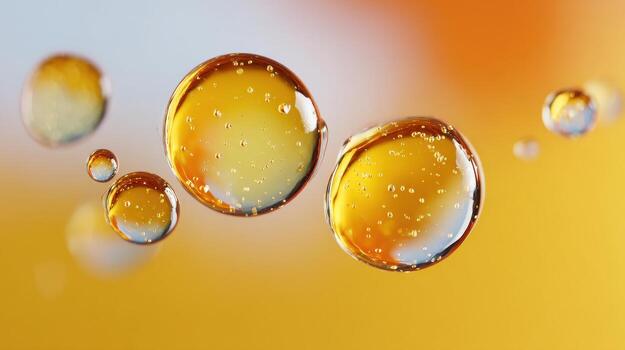 Close-Up Of Oil Droplets In Water With Vibrant Orange And Yellow Background. Abstract Art Showcasing Fluid Dynamics photo