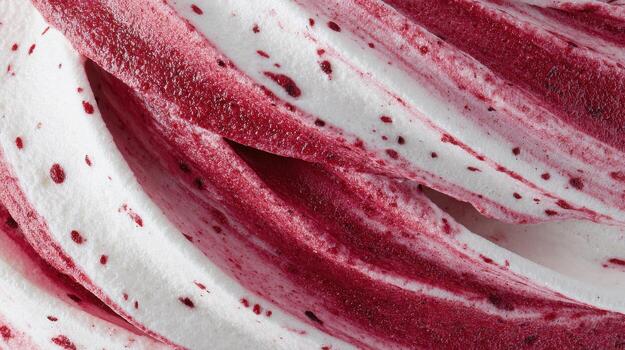 Swirled Red And White Ice Cream Texture. Close-Up Of Creamy Dessert With Berry Flavor photo