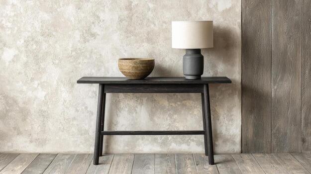 Console Table With Ceramic Bowl And Lamp In Rustic Interior. Minimalist Home Decor With Natural Textures photo