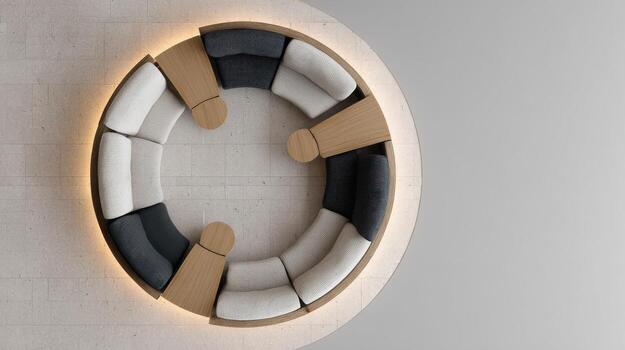 Circular Modular Seating Arrangement With Wooden Accents And Ambient Lighting. Modern Design For Collaborative Spaces photo