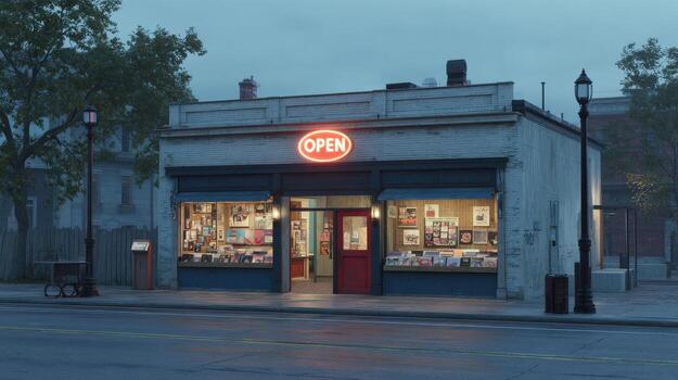 Small Bookstore With Glowing Open Sign On Quiet Street At Dusk. Inviting Atmosphere For Evening Book Browsing photo