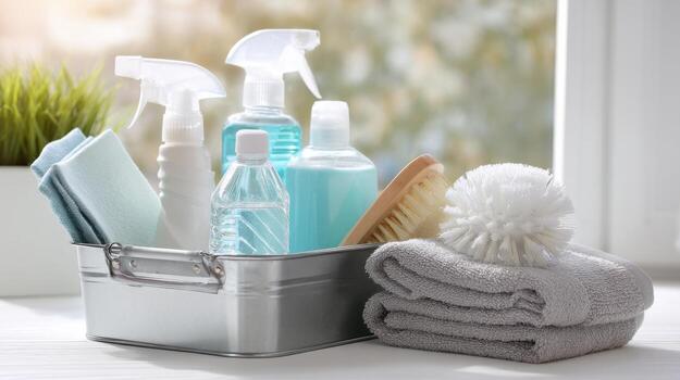 Cleaning Supplies In Metal Caddy With Towels And Brush By Window. Home Cleaning Essentials For A Tidy Space photo