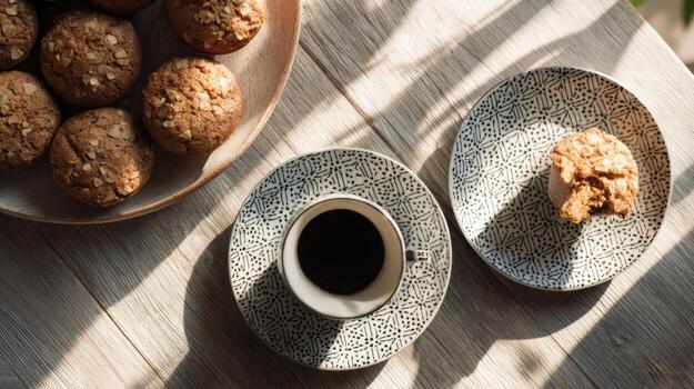 café y magdalenas en un de madera mesa con estampado platos. acogedor desayuno ajuste con natural ligero foto