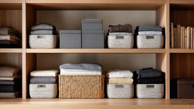 Organized Wooden Shelf With Neatly Folded Clothes And Storage Baskets. Home Storage Solution For Efficient Space Management photo
