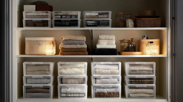 Organized Closet With Folded Clothes And Storage Bins. Efficient Home Storage Solutions photo