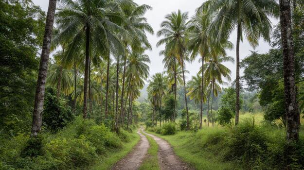 Tropical Pathway Lined With Tall Palm Trees In Lush Green Forest. Serene Nature Escape photo