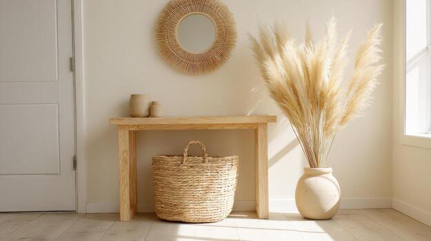 Entryway With Natural Decor Elements And Sunlight. Minimalist Design With Pampas Grass And Woven Textures photo